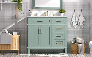 English Elm 36 Inch White Bathroom Vanity with Ceramic Sink Four Drawers and Soft Close Storage Light Green N729P000042F