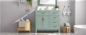 English Elm 36 Inch White Bathroom Vanity with Ceramic Sink Four Drawers and Soft Close Storage Light Green N729P000042F