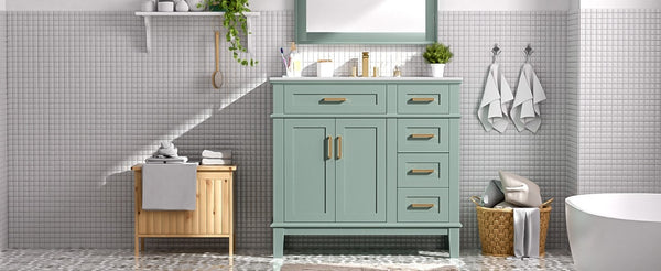 English Elm 36 Inch White Bathroom Vanity with Ceramic Sink Four Drawers and Soft Close Storage Light Green N729P000042F
