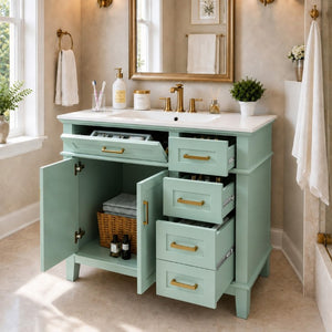 English Elm 36 Inch White Bathroom Vanity with Ceramic Sink Four Drawers and Soft Close Storage Light Green N729P000042F
