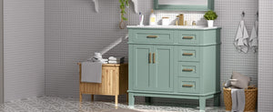 English Elm 36 Inch White Bathroom Vanity with Ceramic Sink Four Drawers and Soft Close Storage Light Green N729P000042F