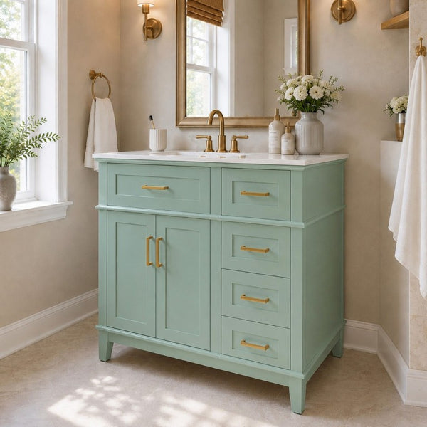 English Elm 36 Inch White Bathroom Vanity with Ceramic Sink Four Drawers and Soft Close Storage Light Green N729P000042F