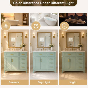 English Elm 36 Inch White Bathroom Vanity with Ceramic Sink Four Drawers and Soft Close Storage Light Green N729P000042F
