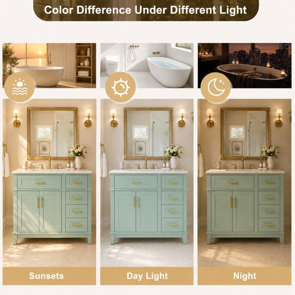 English Elm 36 Inch White Bathroom Vanity with Ceramic Sink Four Drawers and Soft Close Storage Light Green N729P000042F