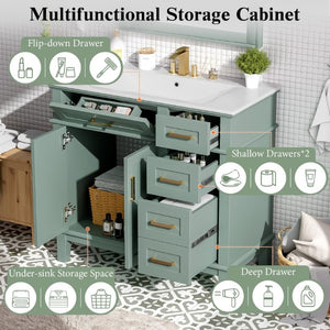 English Elm 36 Inch White Bathroom Vanity with Ceramic Sink Four Drawers and Soft Close Storage Light Green N729P000042F