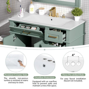 English Elm 36 Inch White Bathroom Vanity with Ceramic Sink Four Drawers and Soft Close Storage Light Green N729P000042F