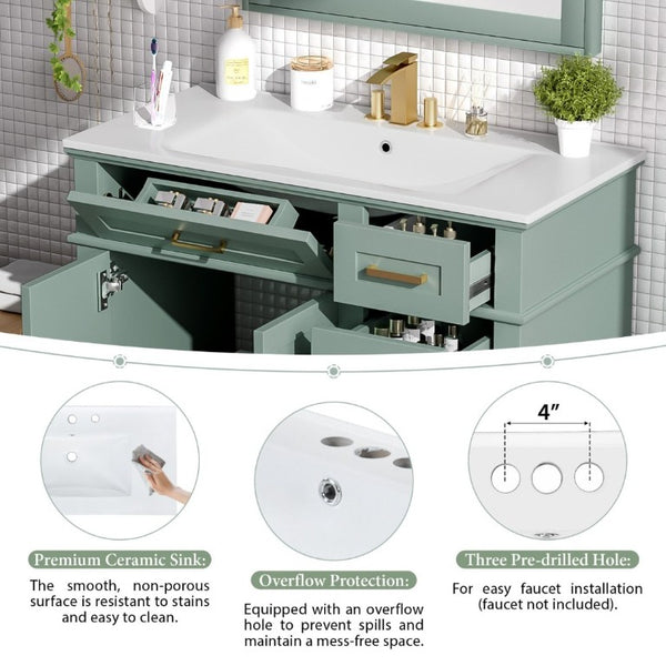 English Elm 36 Inch White Bathroom Vanity with Ceramic Sink Four Drawers and Soft Close Storage Light Green N729P000042F
