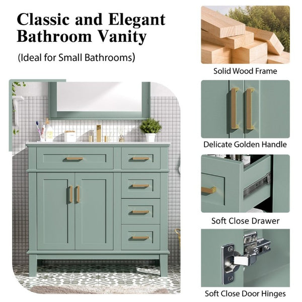 English Elm 36 Inch White Bathroom Vanity with Ceramic Sink Four Drawers and Soft Close Storage Light Green N729P000042F