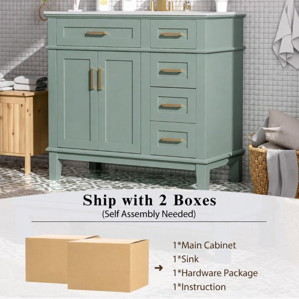 English Elm 36 Inch White Bathroom Vanity with Ceramic Sink Four Drawers and Soft Close Storage Light Green N729P000042F
