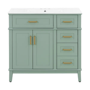 English Elm 36 Inch White Bathroom Vanity with Ceramic Sink Four Drawers and Soft Close Storage Light Green N729P000042F