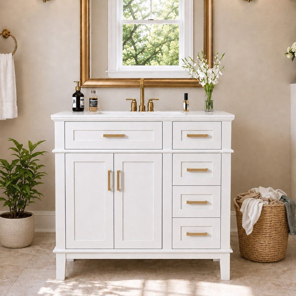 English Elm 36 Inch White Bathroom Vanity with Ceramic Sink Four Drawers and Soft Close Storage White N729P000042K