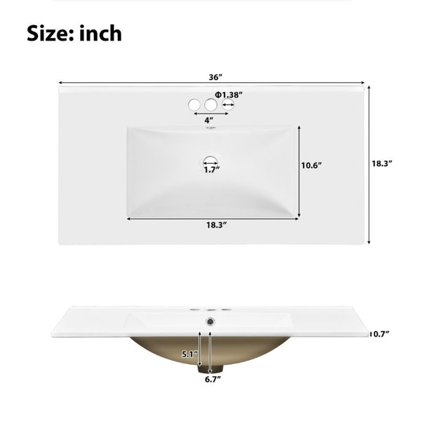 English Elm 36 Inch White Bathroom Vanity with Ceramic Sink Four Drawers and Soft Close Storage White N729P000042K