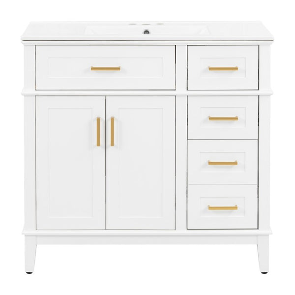 English Elm 36 Inch White Bathroom Vanity with Ceramic Sink Four Drawers and Soft Close Storage White N729P000042K