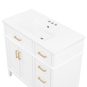English Elm 36 Inch White Bathroom Vanity with Ceramic Sink Four Drawers and Soft Close Storage White N729P000042K