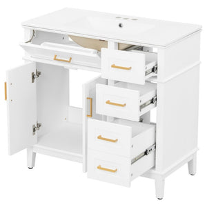 English Elm 36 Inch White Bathroom Vanity with Ceramic Sink Four Drawers and Soft Close Storage White N729P000042K