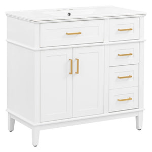English Elm 36 Inch White Bathroom Vanity with Ceramic Sink Four Drawers and Soft Close Storage White N729P000042K