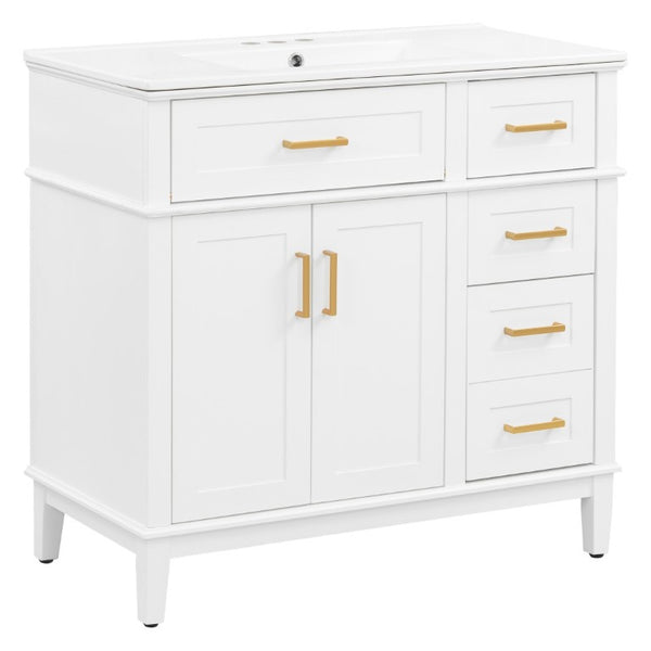 English Elm 36 Inch White Bathroom Vanity with Ceramic Sink Four Drawers and Soft Close Storage White N729P000042K