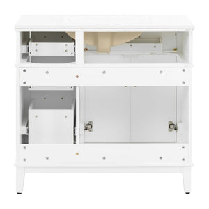 English Elm 36 Inch White Bathroom Vanity with Ceramic Sink Four Drawers and Soft Close Storage White N729P000042K