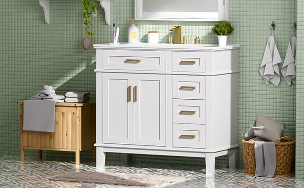 English Elm 36 Inch White Bathroom Vanity with Ceramic Sink Four Drawers and Soft Close Storage White N729P000042K