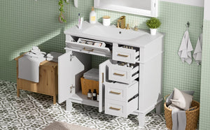 English Elm 36 Inch White Bathroom Vanity with Ceramic Sink Four Drawers and Soft Close Storage White N729P000042K