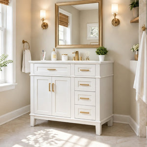 English Elm 36 Inch White Bathroom Vanity with Ceramic Sink Four Drawers and Soft Close Storage White N729P000042K