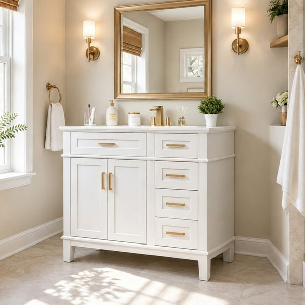 English Elm 36 Inch White Bathroom Vanity with Ceramic Sink Four Drawers and Soft Close Storage White N729P000042K