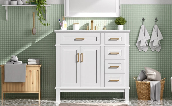 English Elm 36 Inch White Bathroom Vanity with Ceramic Sink Four Drawers and Soft Close Storage White N729P000042K
