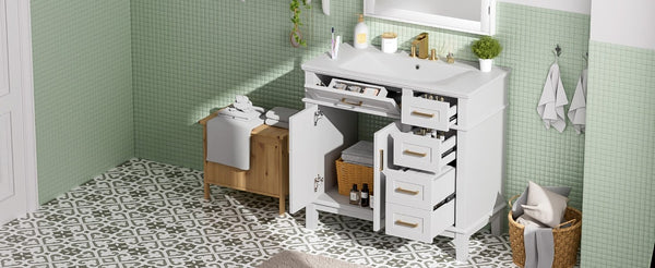 English Elm 36 Inch White Bathroom Vanity with Ceramic Sink Four Drawers and Soft Close Storage White N729P000042K