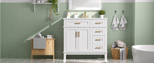 English Elm 36 Inch White Bathroom Vanity with Ceramic Sink Four Drawers and Soft Close Storage White N729P000042K