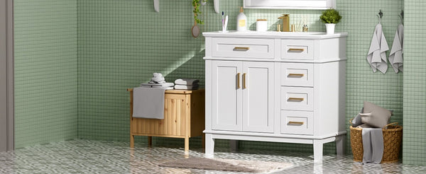 English Elm 36 Inch White Bathroom Vanity with Ceramic Sink Four Drawers and Soft Close Storage White N729P000042K