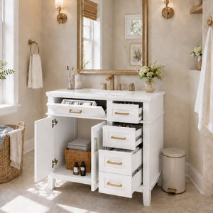 English Elm 36 Inch White Bathroom Vanity with Ceramic Sink Four Drawers and Soft Close Storage White N729P000042K
