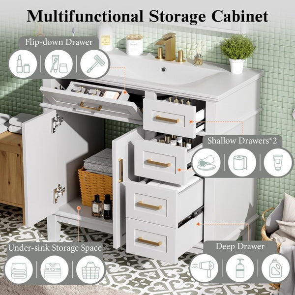 English Elm 36 Inch White Bathroom Vanity with Ceramic Sink Four Drawers and Soft Close Storage White N729P000042K