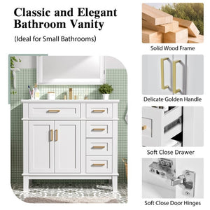 English Elm 36 Inch White Bathroom Vanity with Ceramic Sink Four Drawers and Soft Close Storage White N729P000042K