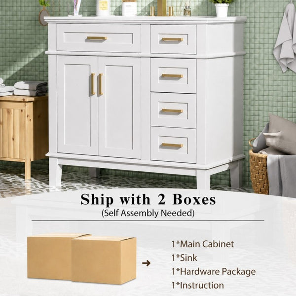 English Elm 36 Inch White Bathroom Vanity with Ceramic Sink Four Drawers and Soft Close Storage White N729P000042K