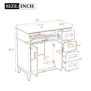 English Elm 36 Inch White Bathroom Vanity with Ceramic Sink Four Drawers and Soft Close Storage White N729P000042K