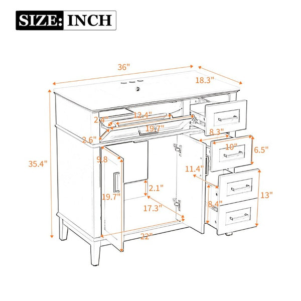 English Elm 36 Inch White Bathroom Vanity with Ceramic Sink Four Drawers and Soft Close Storage White N729P000042K
