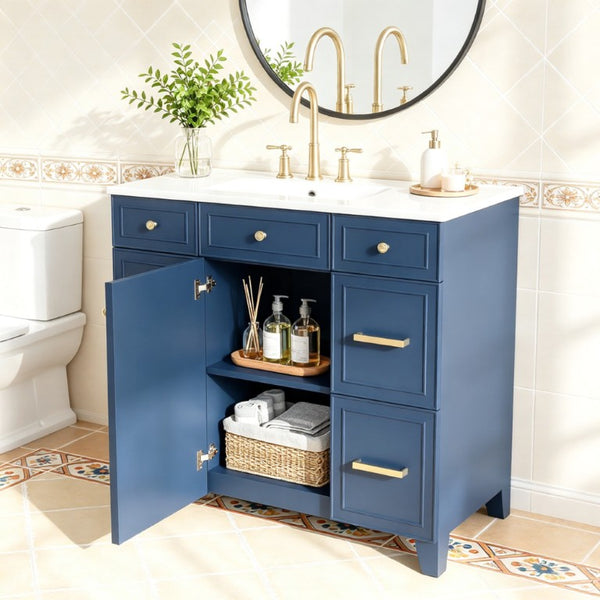 English Elm Viedo]59-Inch Freestanding Double Sink Vanity with Rubberwood Legs and Soft Close Doors Let Me Count: = 13, Then Space, = 12, = 6, = 4, = 6, = 4, = 10, = 4, and = 3, Blue 36 inches N729P000043C
