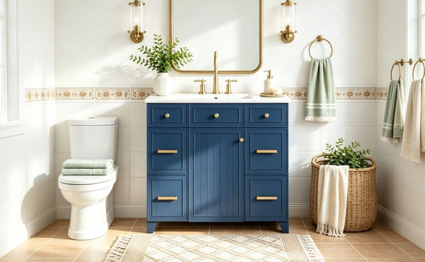 English Elm Viedo]59-Inch Freestanding Double Sink Vanity with Rubberwood Legs and Soft Close Doors Let Me Count: = 13, Then Space, = 12, = 6, = 4, = 6, = 4, = 10, = 4, and = 3, Blue 36 inches N729P000043C