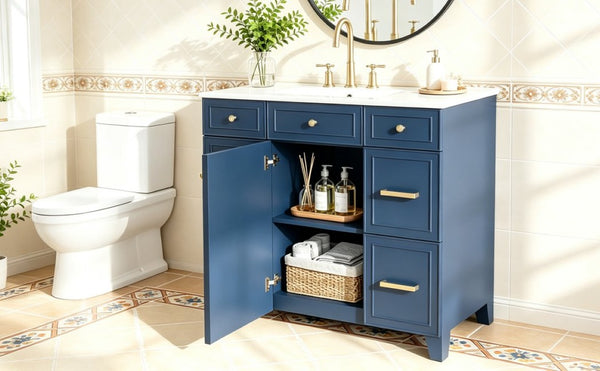 English Elm Viedo]59-Inch Freestanding Double Sink Vanity with Rubberwood Legs and Soft Close Doors Let Me Count: = 13, Then Space, = 12, = 6, = 4, = 6, = 4, = 10, = 4, and = 3, Blue 36 inches N729P000043C