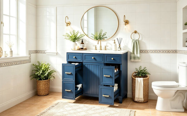 English Elm Viedo]59-Inch Freestanding Double Sink Vanity with Rubberwood Legs and Soft Close Doors Let Me Count: = 13, Then Space, = 12, = 6, = 4, = 6, = 4, = 10, = 4, and = 3, Blue 36 inches N729P000043C