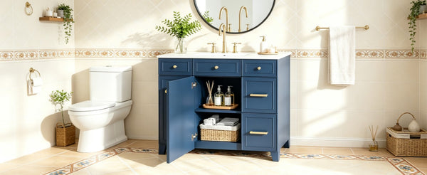 English Elm Viedo]59-Inch Freestanding Double Sink Vanity with Rubberwood Legs and Soft Close Doors Let Me Count: = 13, Then Space, = 12, = 6, = 4, = 6, = 4, = 10, = 4, and = 3, Blue 36 inches N729P000043C