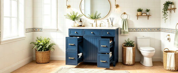 English Elm Viedo]59-Inch Freestanding Double Sink Vanity with Rubberwood Legs and Soft Close Doors Let Me Count: = 13, Then Space, = 12, = 6, = 4, = 6, = 4, = 10, = 4, and = 3, Blue 36 inches N729P000043C