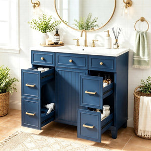 English Elm Viedo]59-Inch Freestanding Double Sink Vanity with Rubberwood Legs and Soft Close Doors Let Me Count: = 13, Then Space, = 12, = 6, = 4, = 6, = 4, = 10, = 4, and = 3, Blue 36 inches N729P000043C