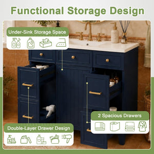 English Elm Viedo]59-Inch Freestanding Double Sink Vanity with Rubberwood Legs and Soft Close Doors Let Me Count: = 13, Then Space, = 12, = 6, = 4, = 6, = 4, = 10, = 4, and = 3, Blue 36 inches N729P000043C