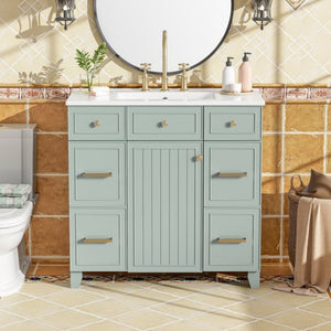 English Elm 36 Inch Sage Green Bathroom Vanity Solid Wood Frame Ceramic Sink and 3 Drawers N729P000043F