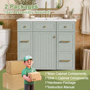 English Elm 36 Inch Sage Green Bathroom Vanity Solid Wood Frame Ceramic Sink and 3 Drawers N729P000043F