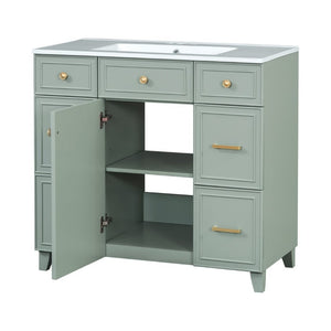 English Elm 36 Inch Sage Green Bathroom Vanity Solid Wood Frame Ceramic Sink and 3 Drawers N729P000043F