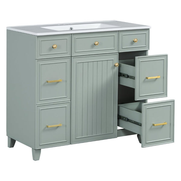 English Elm 36 Inch Sage Green Bathroom Vanity Solid Wood Frame Ceramic Sink and 3 Drawers N729P000043F