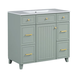 English Elm 36 Inch Sage Green Bathroom Vanity Solid Wood Frame Ceramic Sink and 3 Drawers N729P000043F