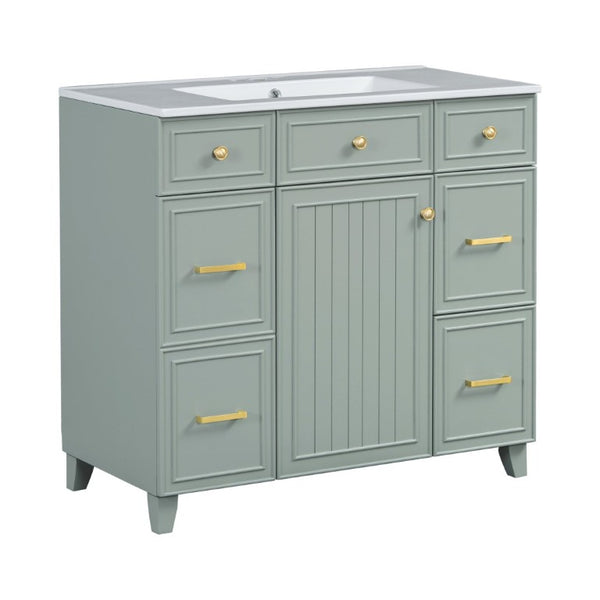 English Elm 36 Inch Sage Green Bathroom Vanity Solid Wood Frame Ceramic Sink and 3 Drawers N729P000043F